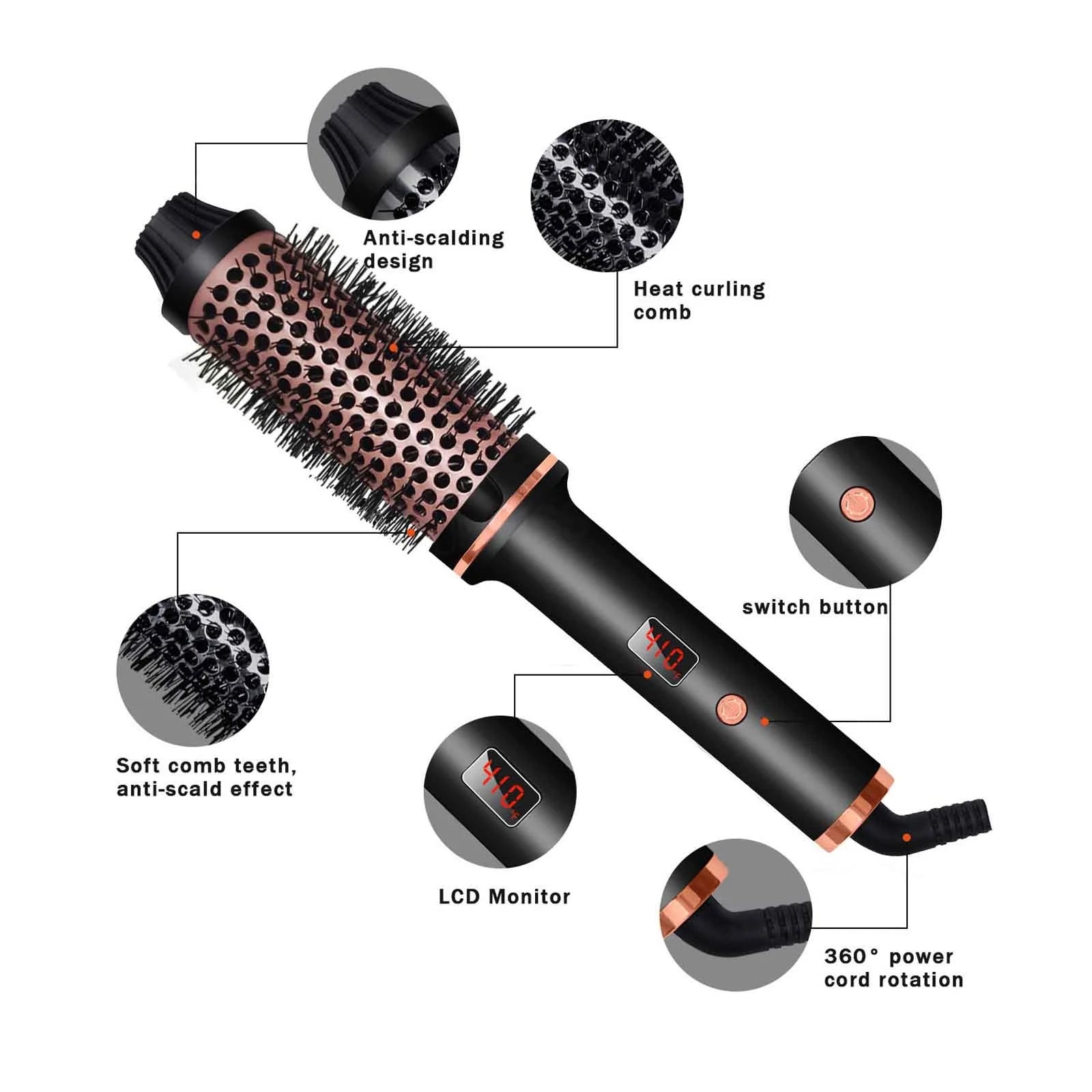 1.5 Inch Curling Iron Instant Heated Styling Brush - 3-In-1 Ionic Hair Curler/Straightener with Anti-Scald Nylon Bristles, Electric Curl Wand Thermal Brush Create Loose & Volume Curls