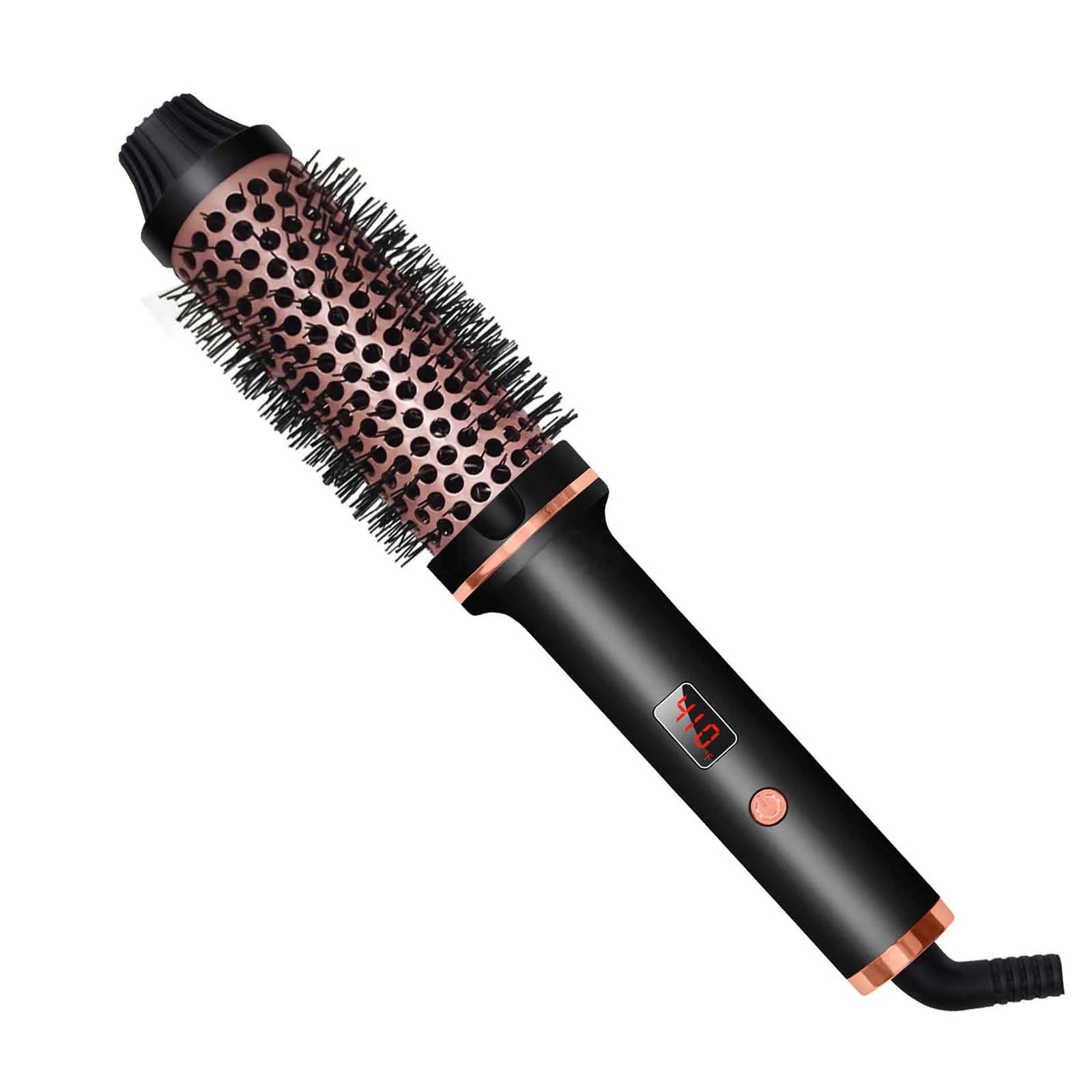 1.5 Inch Curling Iron Instant Heated Styling Brush - 3-In-1 Ionic Hair Curler/Straightener with Anti-Scald Nylon Bristles, Electric Curl Wand Thermal Brush Create Loose & Volume Curls